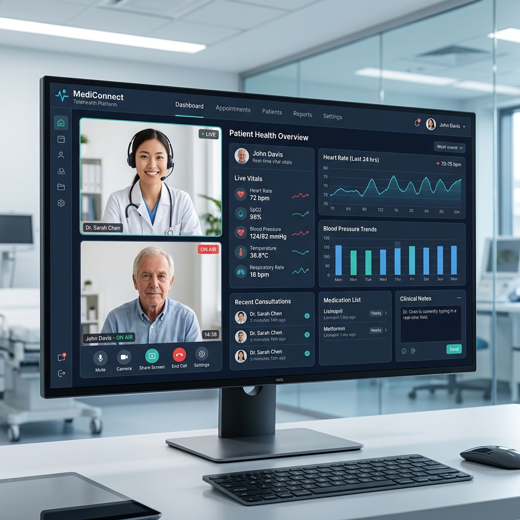 Telemedicine dashboard with patient vitals and video consultation